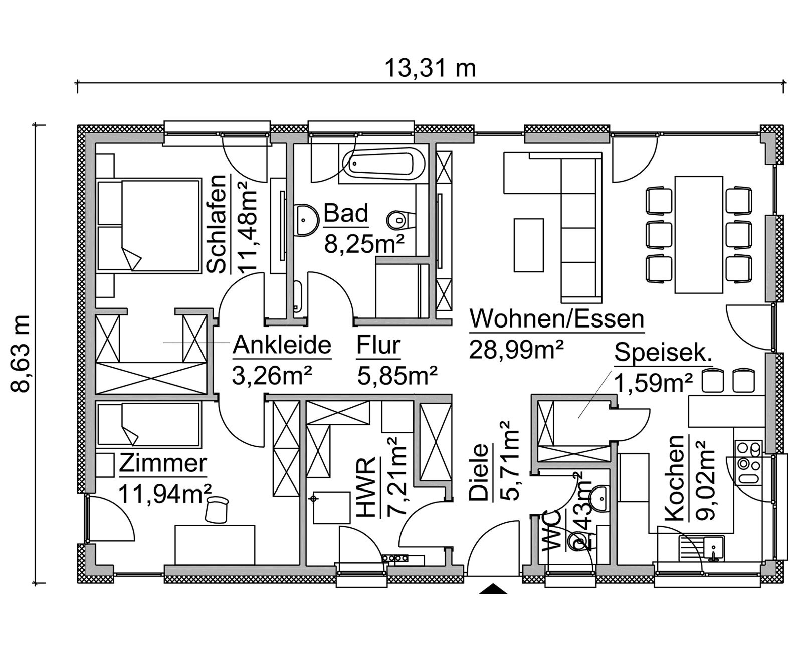 Bauvorschlag: bungalow-grundriss-sh095b-d Hauspreis: 221.700 €